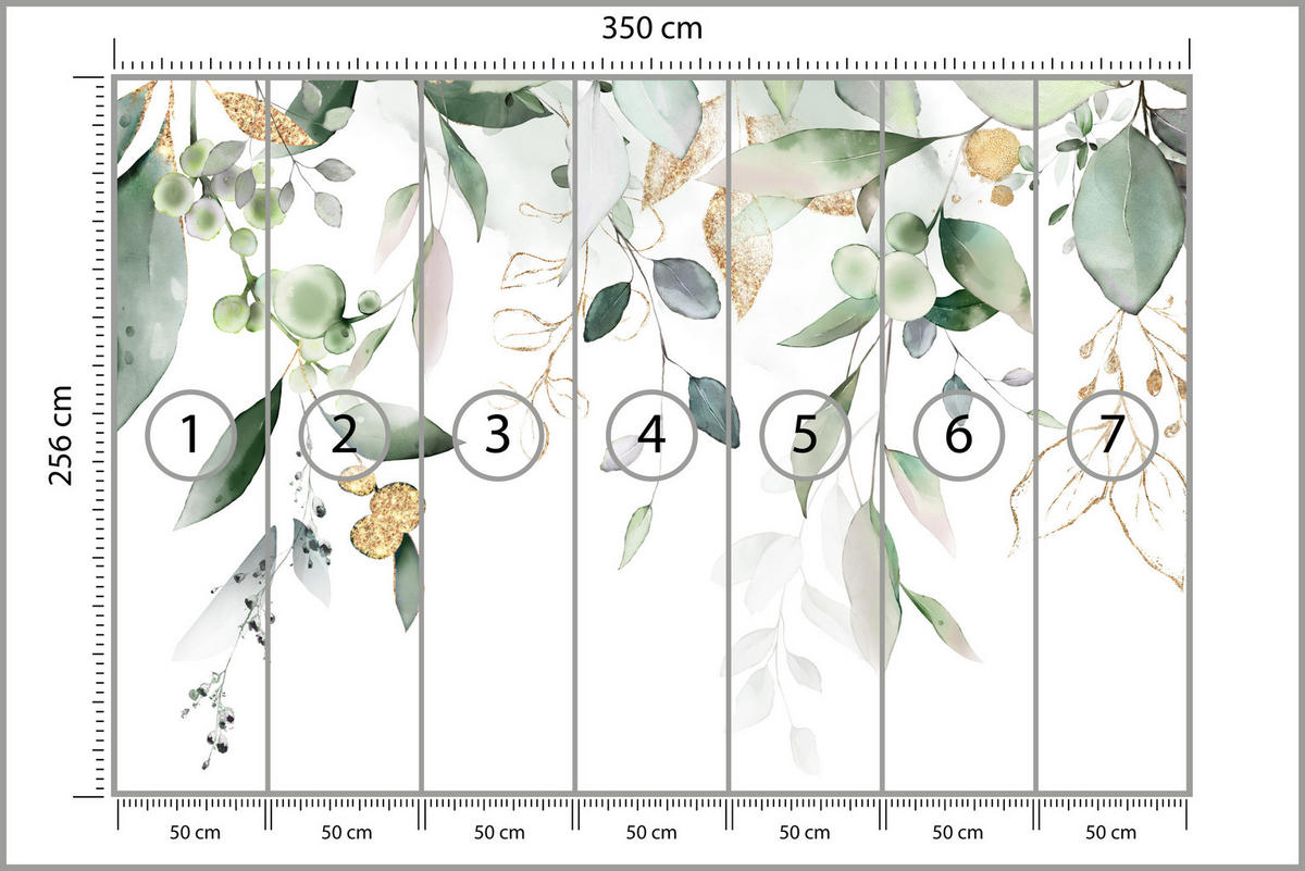 FOTOTAPETE für Schlafzimmer Aquarell Blätter Eukalyptus Weiß 350x256 - Gelb/Weiß, Papier (350/256cm) - Muralo