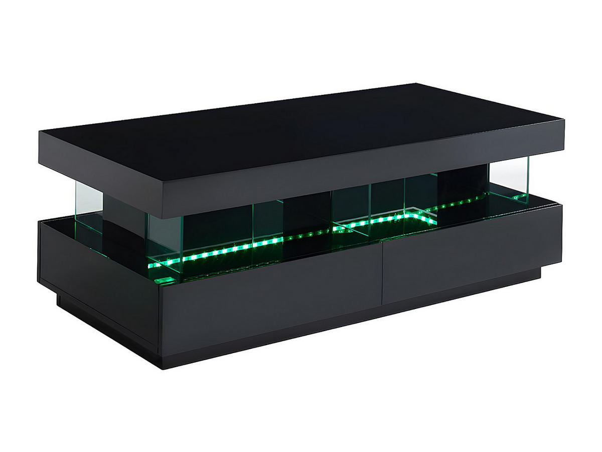 COUCHTISCH mit 2 Schubladen + 2 Ablagen + LEDs - MDF lackiert - Schwarz - FABIO - Schwarz, Holz (120/60/42cm) - Vente-Unique