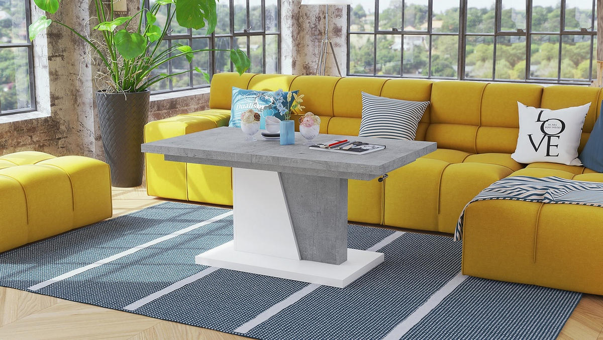COUCHTISCH rechteckig Beton - Weiß ausziehbar höhenverstellbar - Hellgrau/Weiß, Holzwerkstoff (70/120/60cm) - designimpex