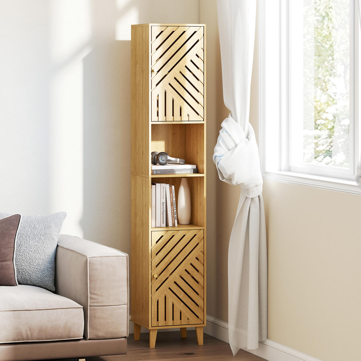 HOCHSCHRANK DE-12485 32/30/170 cm mit Bambustüren Naturholz - Naturfarben, Holzwerkstoff (30/170/32cm) - ComfortXL