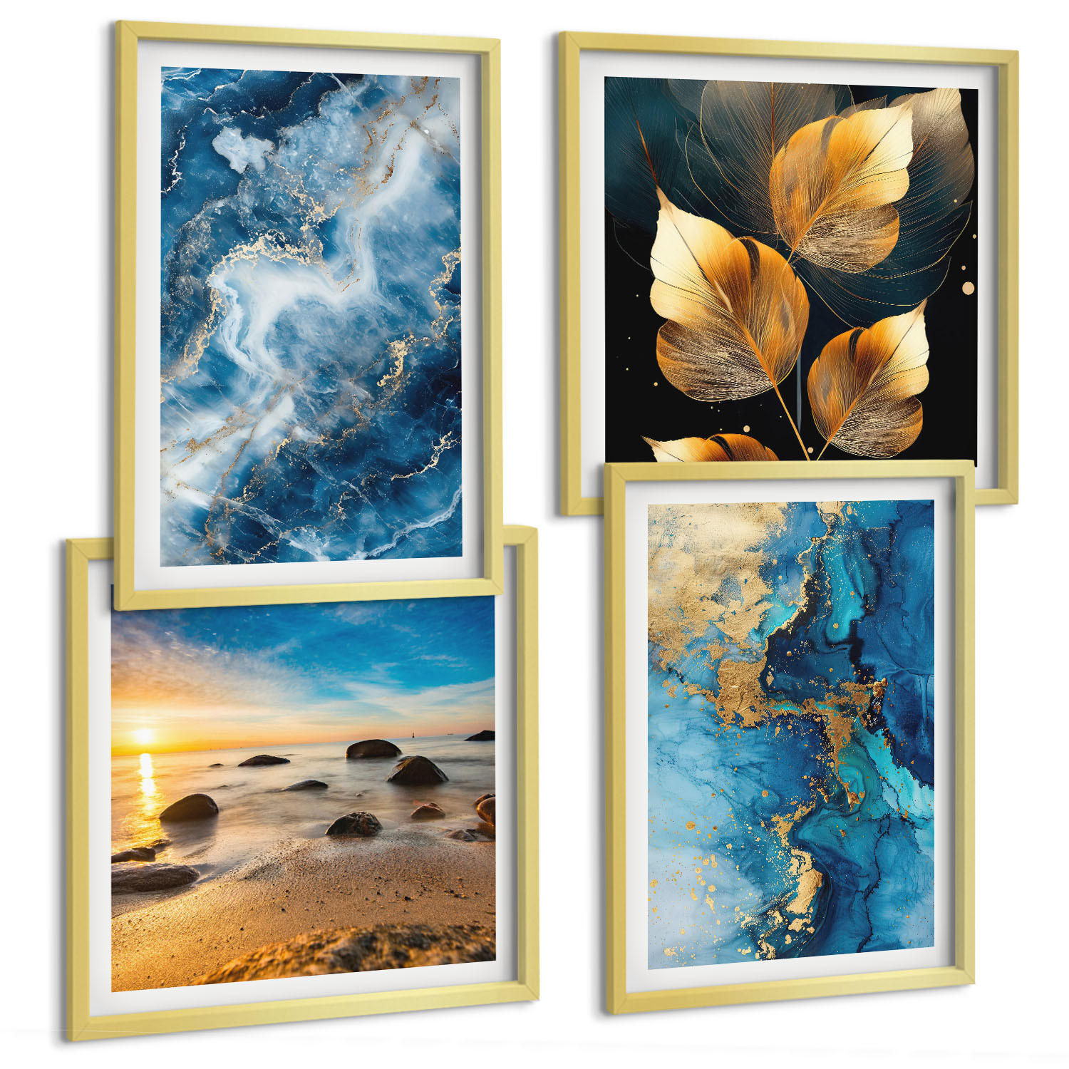 BILDER SET 4er Set - 50x50 cm & 40x60 cm Goldrahmen - Bilder mit blau-goldenen Mustern - Goldfarben, Kunststoff (50/50cm) - TULUP