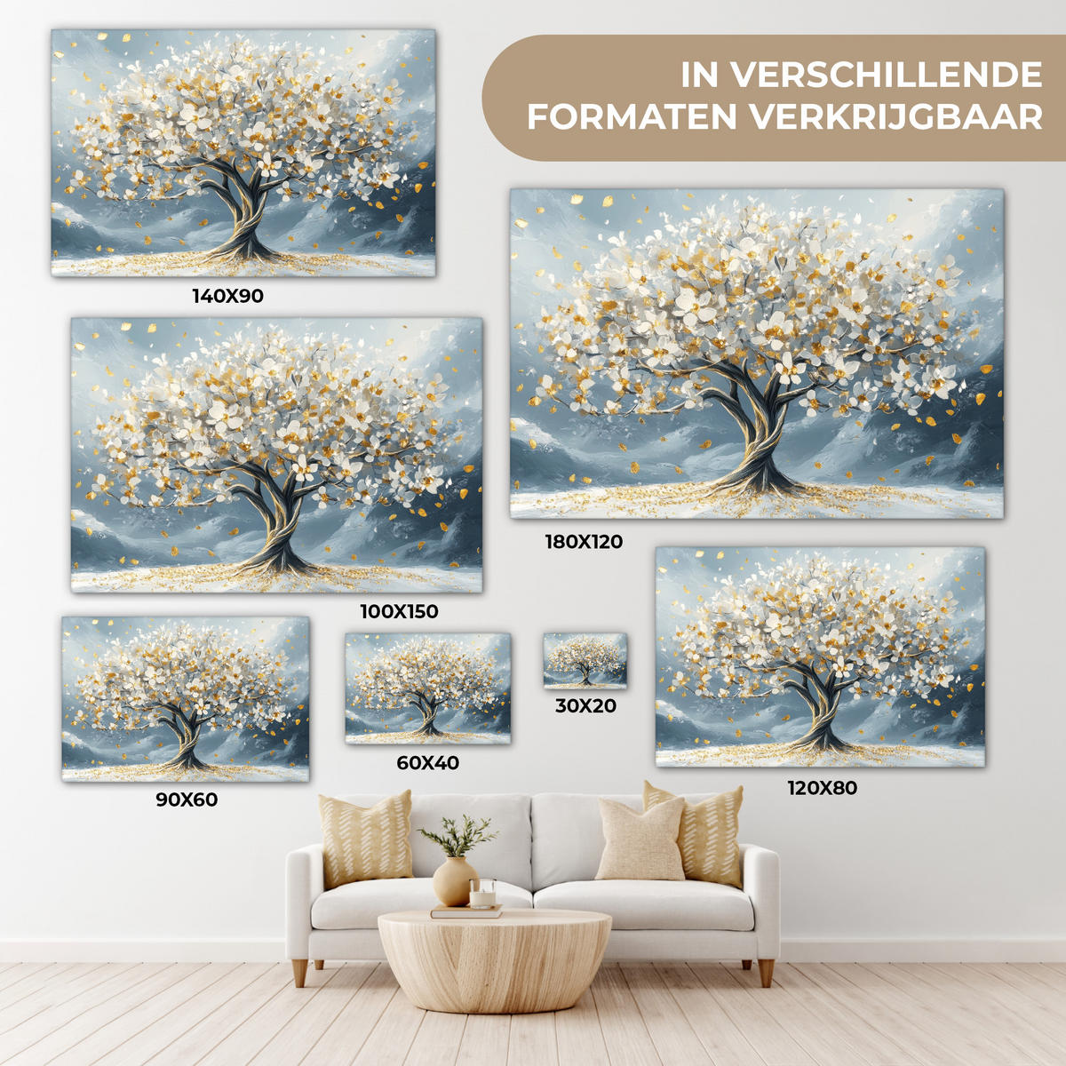LEINWANDBILD Baum - Winter - Baum des Lebens - Modern - Gold Wohnzimmer 120x80 cm - Goldfarben, Textil (120/80cm) - MuchoWow
