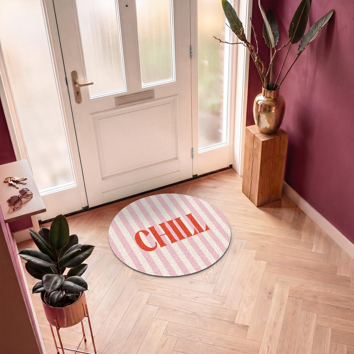 FUSSMATTE Zartrosa – Rot – Streifen – Chill 90x90 cm - Rosa, Kunststoff (90/0.4cm) - MuchoWow