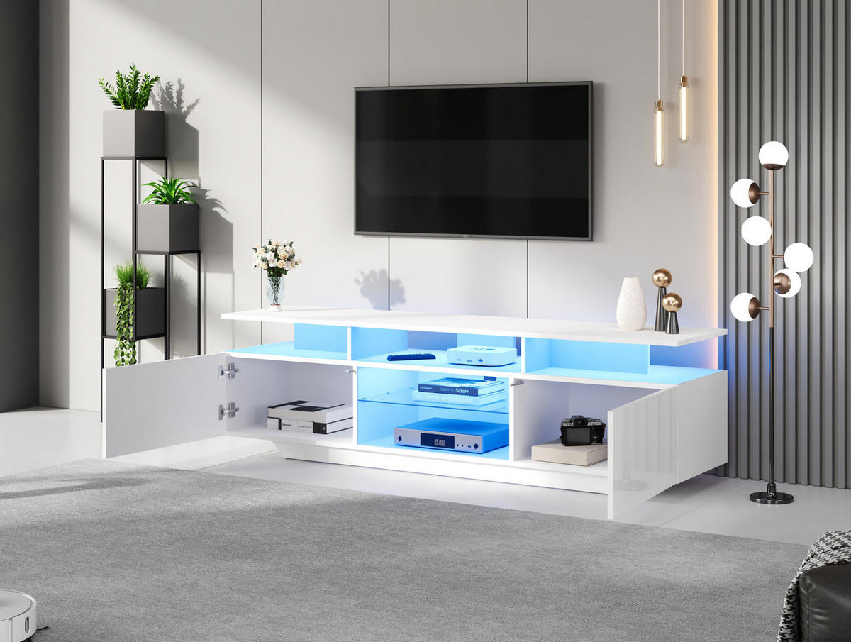 TV stolek 160/40/45 cm s LED osvětlením ovládaným přes aplikaci, 2 skřínkami a tvrzeným sklem, Bílá - bílá, kompozitní dřevo (160/45/40cm) - Redom