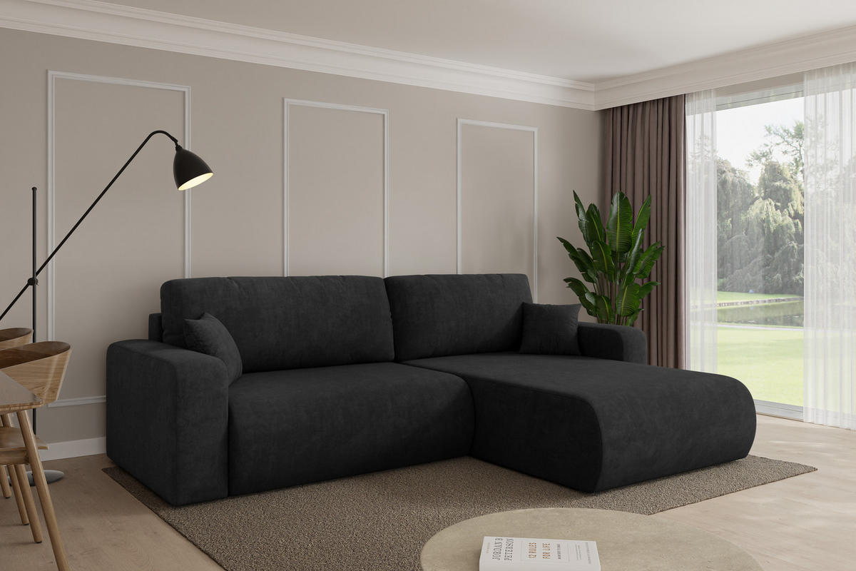 ROHOVÁ SEDAČKA s funkcí spaní, otoman vpravo BERY-L 276x193x88 černá velur - černá, kompozitní dřevo/textil (276/193cm) - ALTDECOR
