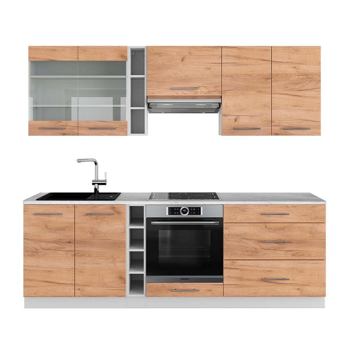KÜCHENZEILE Fame-Line Goldkraft Eiche/Weiß 235 cm, AP Marmor - Honigeiche/Eiche Wotan, Holzwerkstoff (235/81.6/60cm) - Vicco