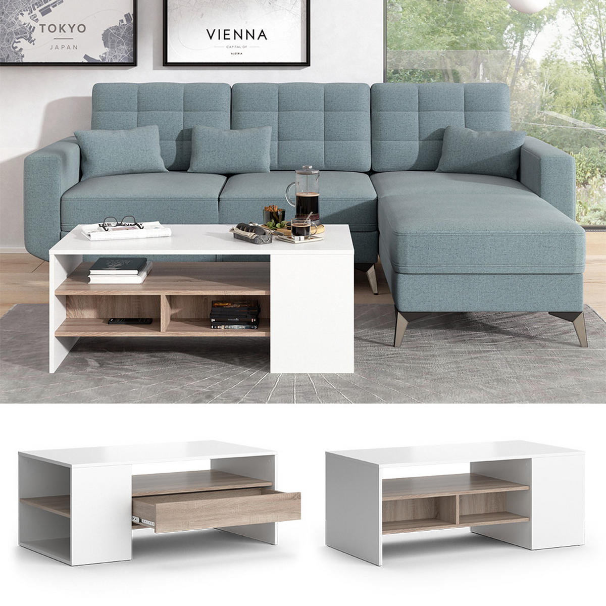 COUCHTISCH Fabien Weiß 110 x 60 cm - Weiß/Sonoma Eiche, Holzwerkstoff (60/110/45.5cm) - Vicco