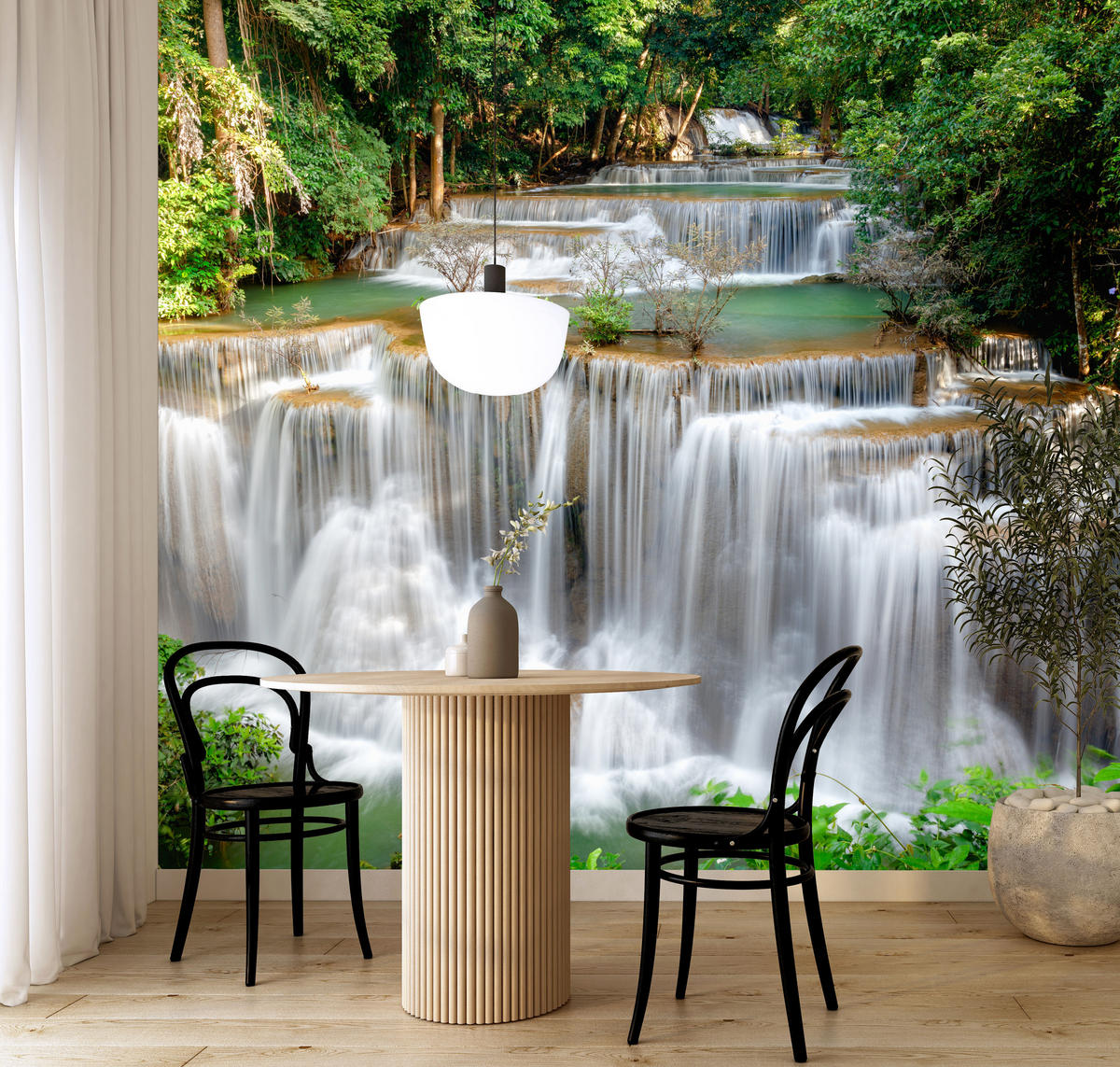 FOTOTAPETE für Esszimmer Panorama Waldwasserfall Bäume Pflanzen Natur 300x210 - Beige/Braun, Papier (300/210cm) - Muralo