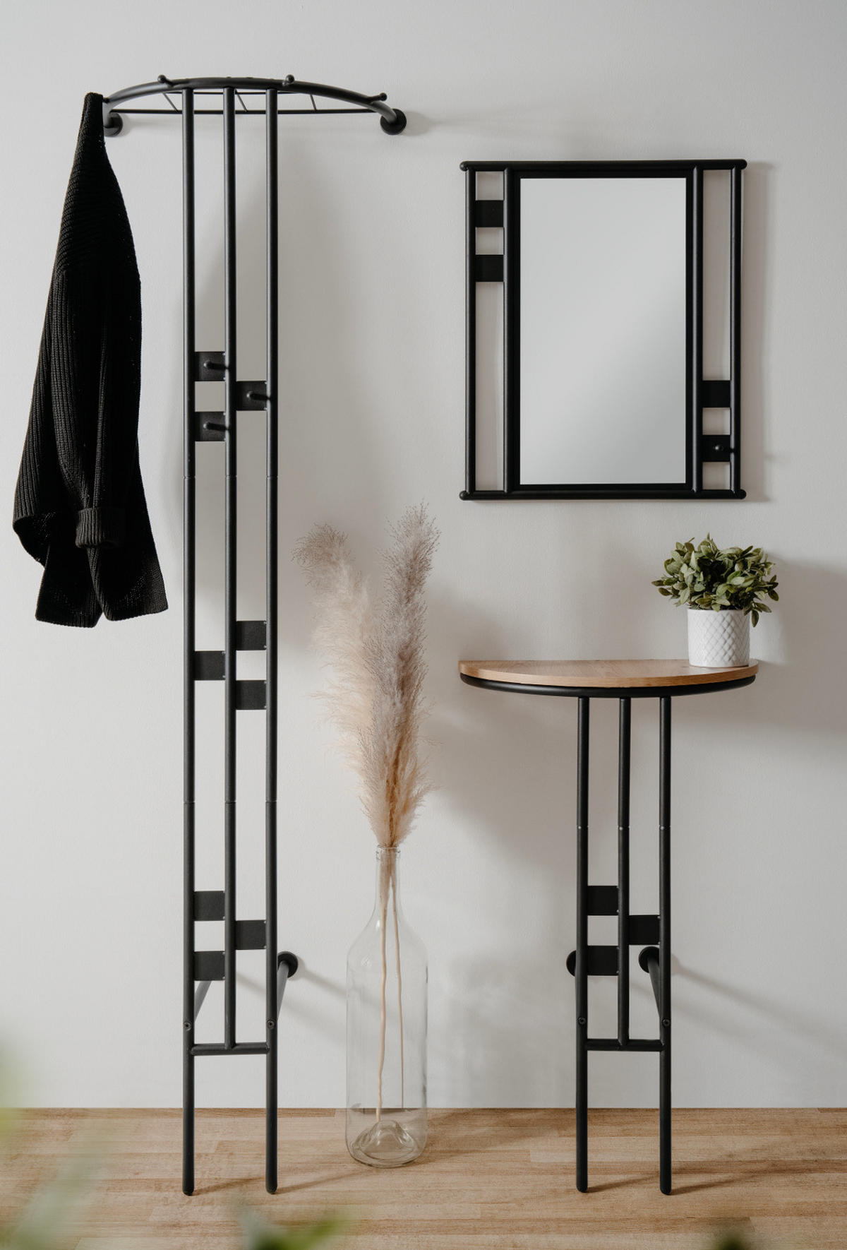 GARDEROBEN-SET 3-teilig schwarz Metall 130 cm, Flurgarderobe mit Spiegel - Schwarz, Metall (130/185/28cm) - Furn.Design