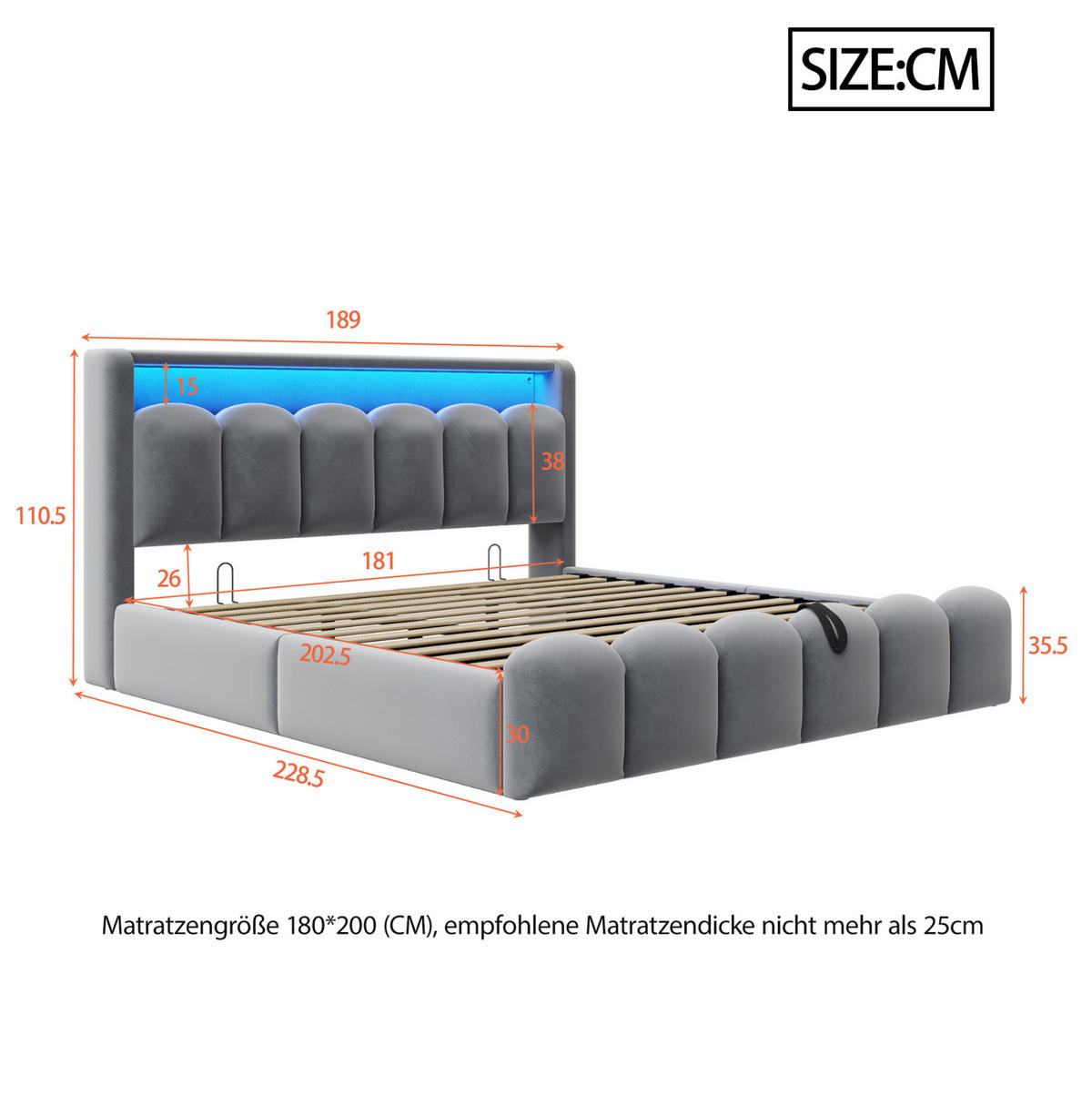 ČALÚNENÁ posteľ 180/200 cm s LED osvetlením, USB a Type-C portmi, hydraulickým úložným priestorom a zamatovým poťahom, Sivá - sivá, textil (180/200cm) - Redom