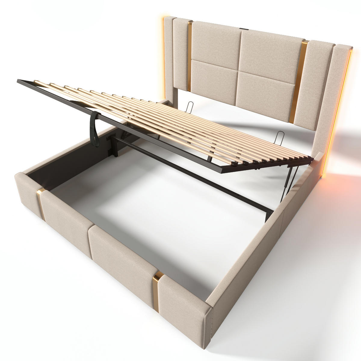 ČALOUNĚNÁ postel 180/200 cm s LED osvětlením, USB a Typ-C nabíjením, úložným prostorem a lamelovým roštem, Béžová - béžová, textil (180/200cm) - Redom