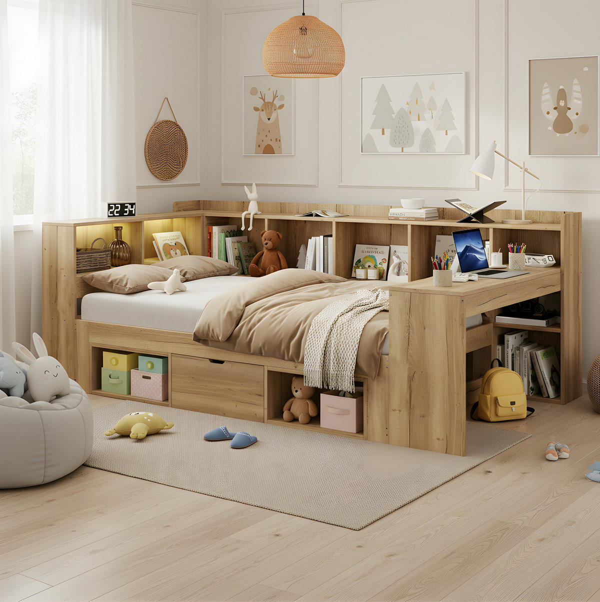 KINDERBETT 90/200 cm natur aus MDF mit LED, USB-C und Schreibtisch - Naturfarben, Holzwerkstoff (90/200cm) - OKWISH