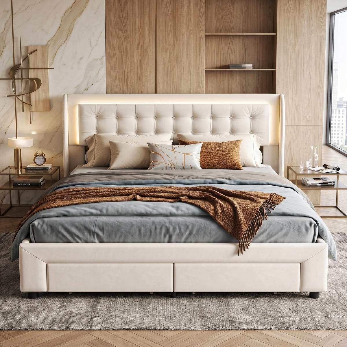 POLSTERBETT Chesterfield 180/200 cm mit Bettkasten & Schubladen Samtoptik Beige - Beige, Textil (180/200cm) - Creahappy