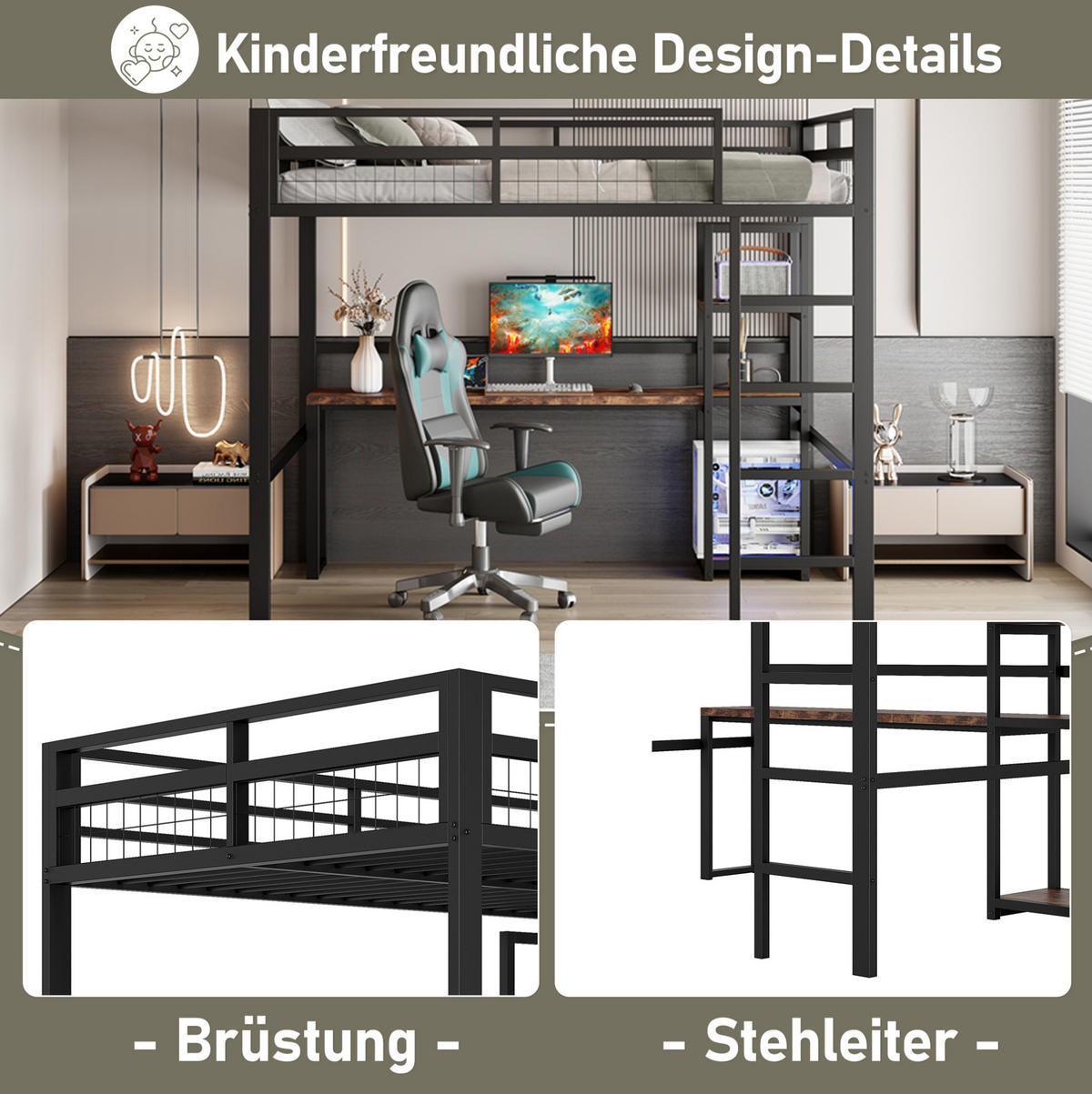HOCHBETT aus Metall und MDF 140x200 cm Schwarz mit Schreibtisch, Regalen und USB-Type-C-Anschluss - Schwarz, Metall (140/190cm) - IVMEU