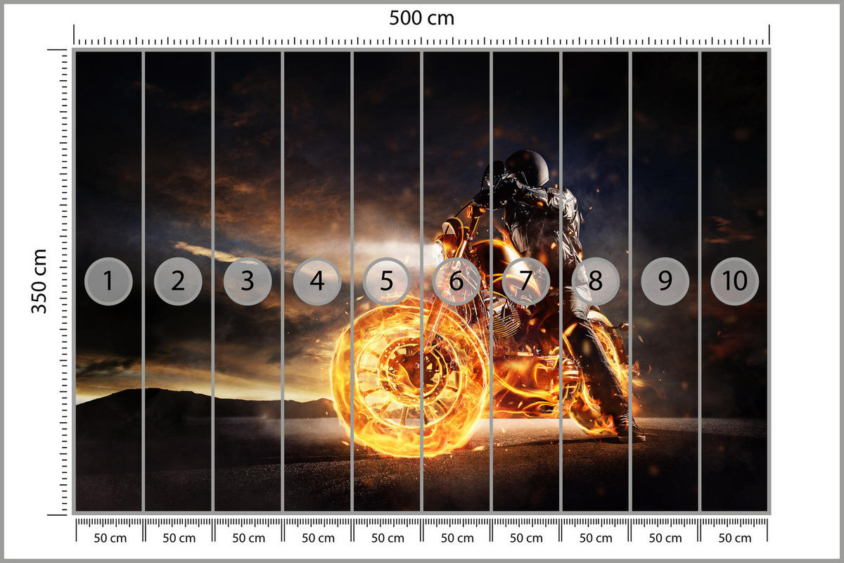 FOTOTAPETE für Jugendzimmer Mann Brennenden Motorrad Sport Nacht 500x350 - Schwarz/Orange, Papier (500/350cm) - Muralo