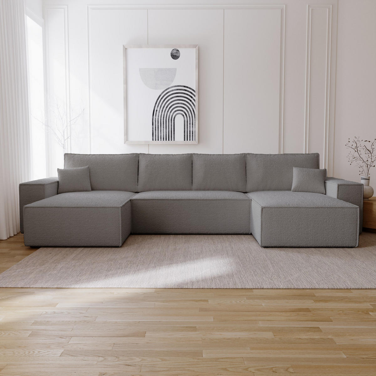 ECKCOUCH Bergamo U Bouclé mit Schlaffunktion, 380 cm, Dunkelgrau - Dunkelgrau, Holz (377/189cm) - Emporius