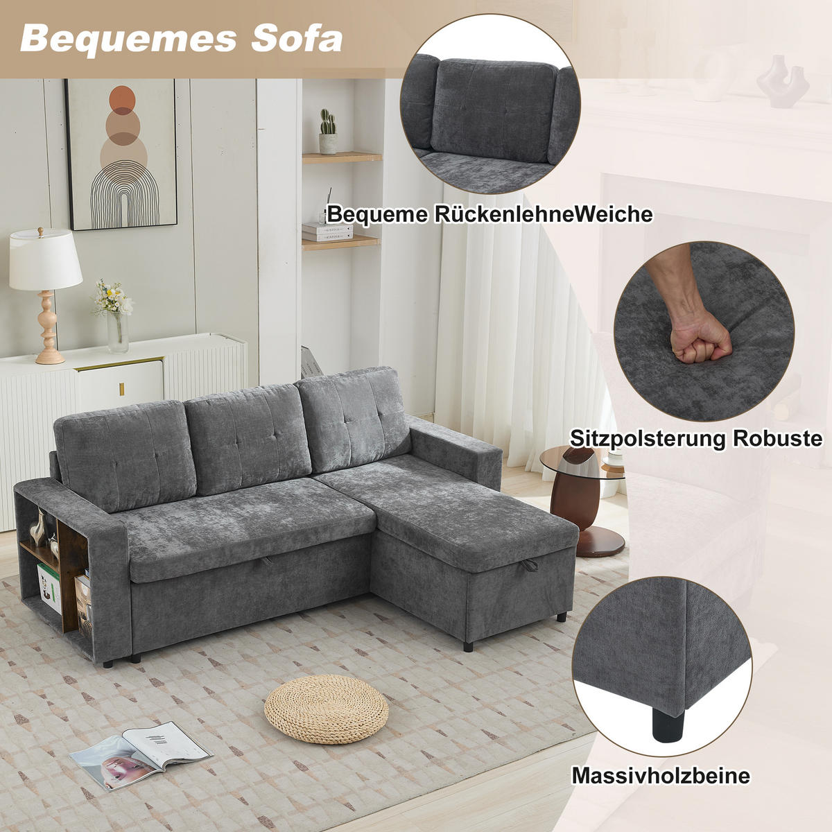 ECKSOFA 202/136/85 cm Grau mit Stauraum - Grau, Textil (202/136cm) - Oxeza