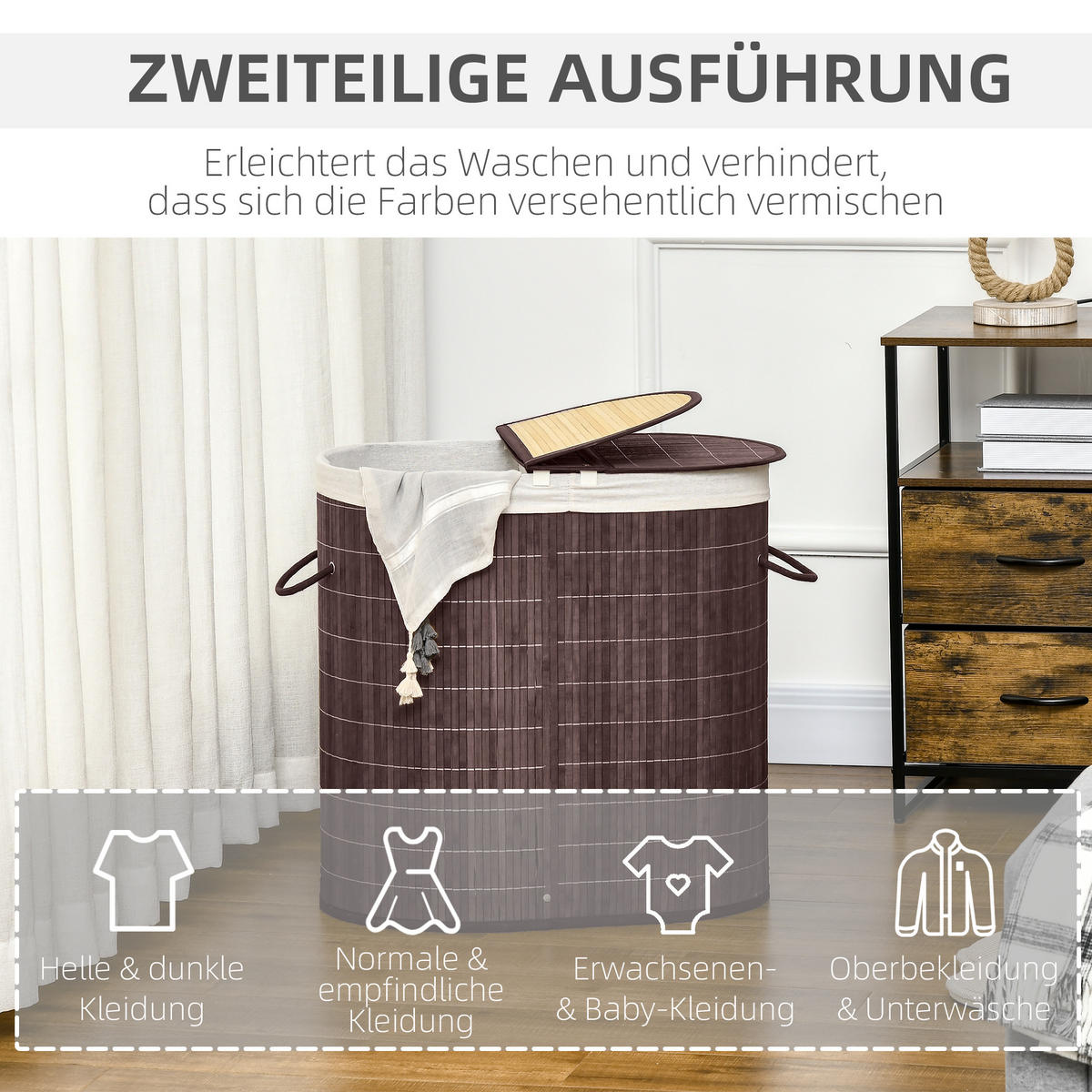 WÄSCHEKORB, Bambus, Polyester, Braun - Braun, Naturmaterialen (37/60.5/62.5cm) - HOMCOM