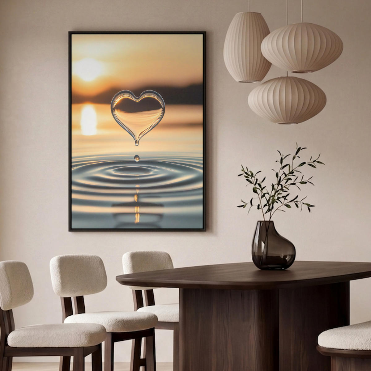 LEINWAND Bilder mit Rahmen - Herz - Wasser - Sonnenuntergang - Natur - Zen - 80x120 - Bernsteinfarben, Textil (80/120cm) - MuchoWow
