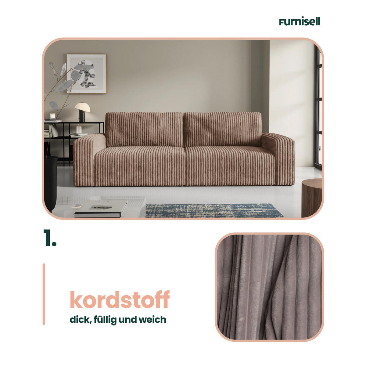 SCHLAFSOFA 4-Sitzer Cord Brown - Braun, Textil (244/70/102cm) - Furnisell