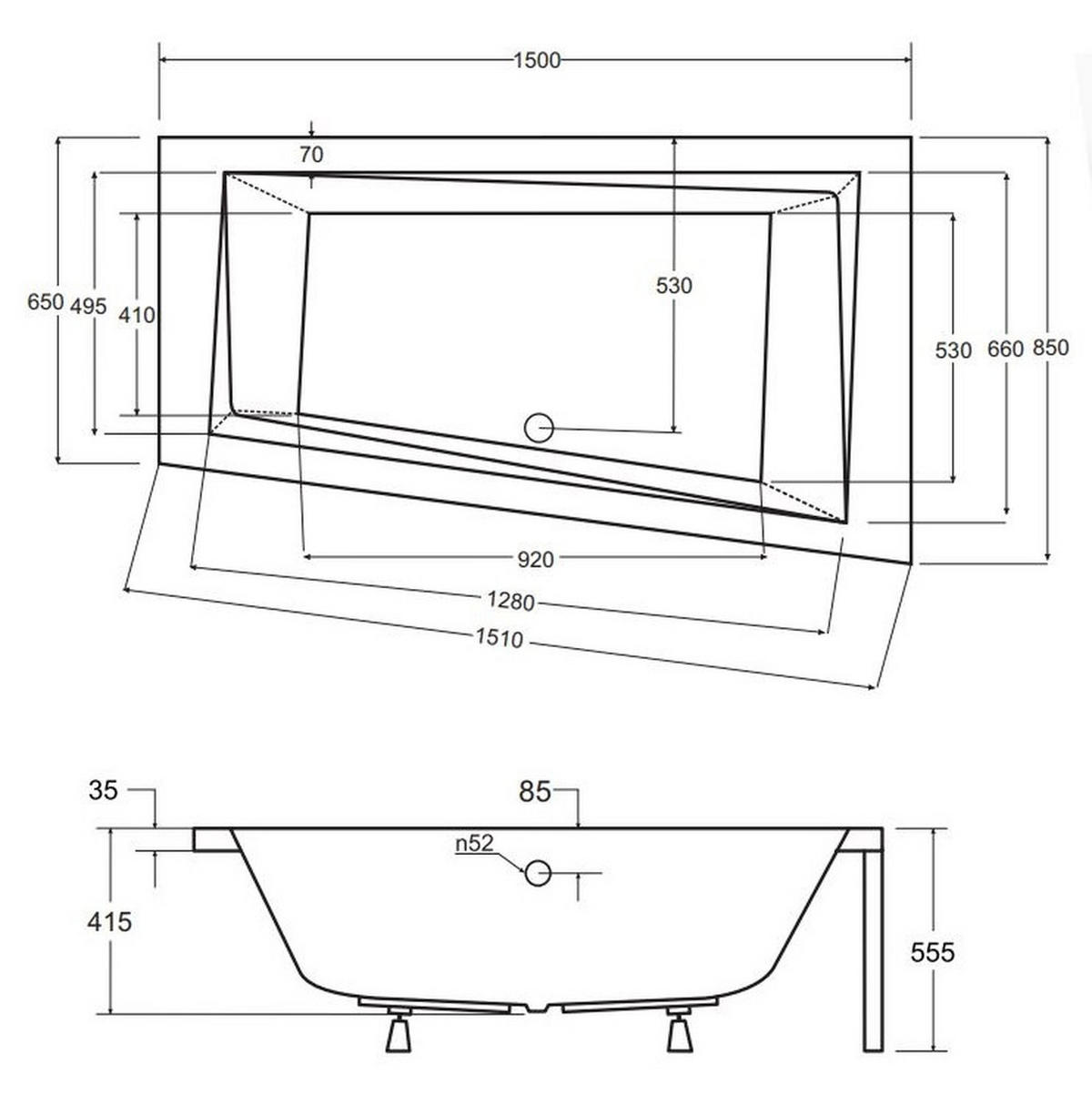 BADEWANNE Eckwanne INTIMA 150/85 Links + Ablage Ablauf Füße - Weiß, Kunststoff (85/55.5/150cm) - bad land