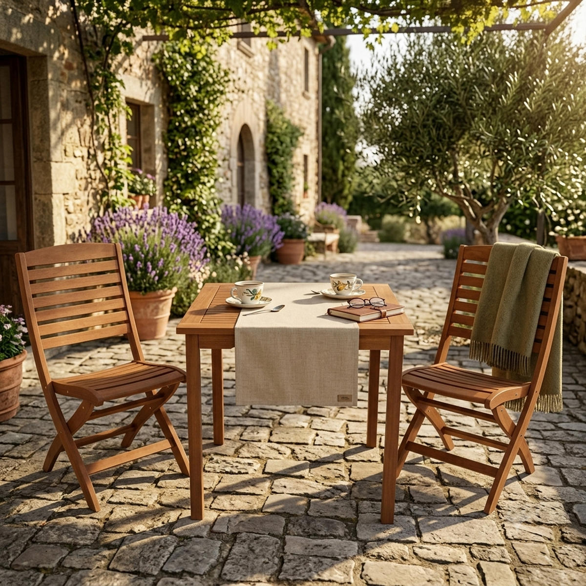 GARTEN-GARNITUR Gosport - 3-teilige Sitzgruppe (2x Klappstuhl, 1x Tisch 75x75cm quadratisch), Eukalyptus geölt. BxTxH: 75x189x93 cm - Braun, Holz - TPFGarden