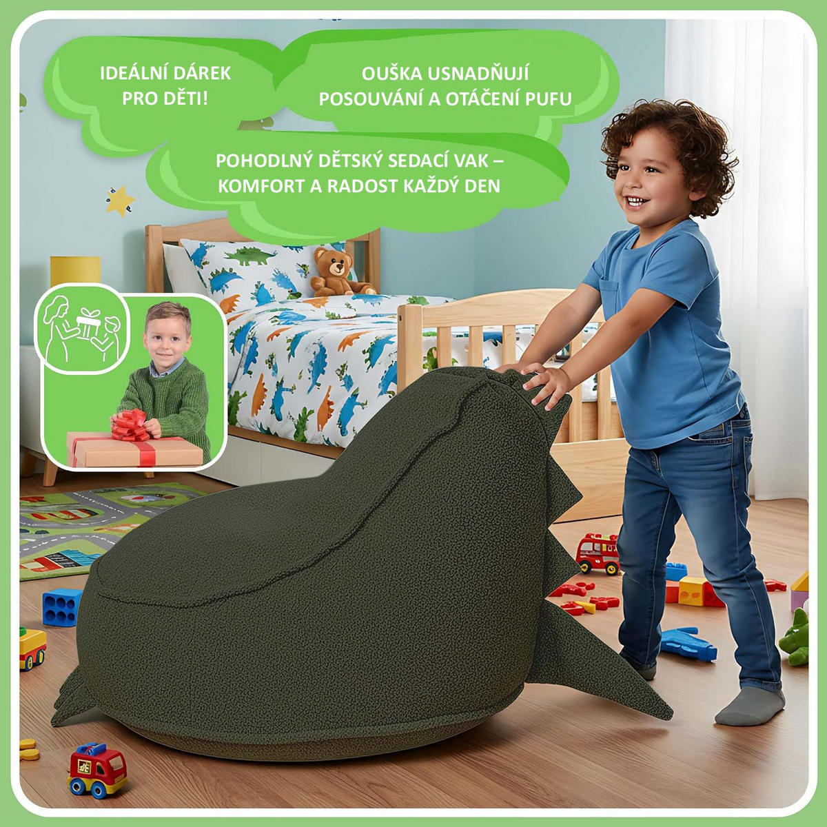 SITZSACK FÜR KINDER Dino 75/75/55 cm, weicher Bouclé 315 g/m², abnehmbarer Bezug, Forest Whisper - Dunkelgrün, Textil (75/55/75cm) - Dreamroots