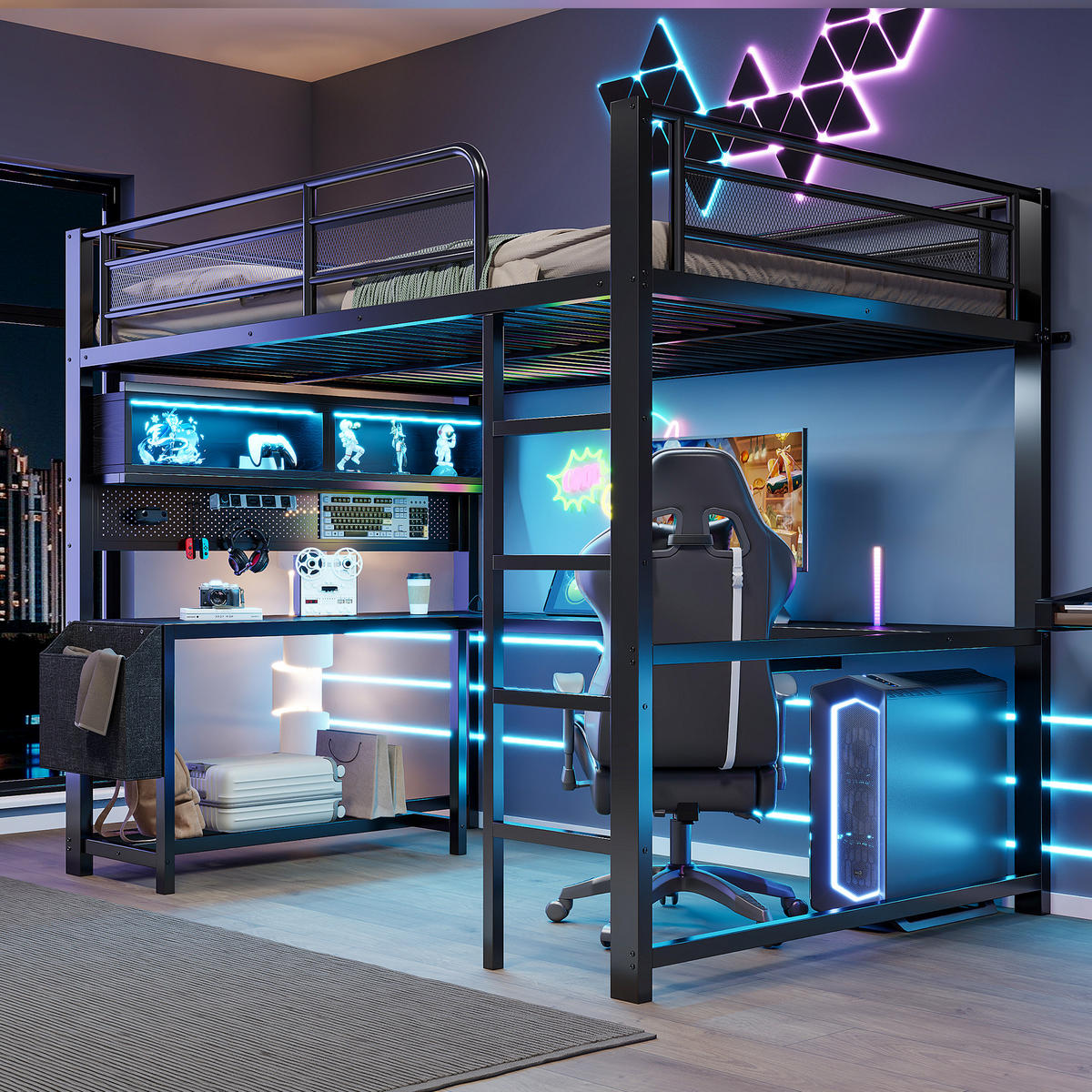 HOCHBETT 140/200 cm in Schwarz aus MDF und Metall mit Schreibtisch, LED und USB - Schwarz, Holzwerkstoff/Metall (140/200cm) - WISHDOR