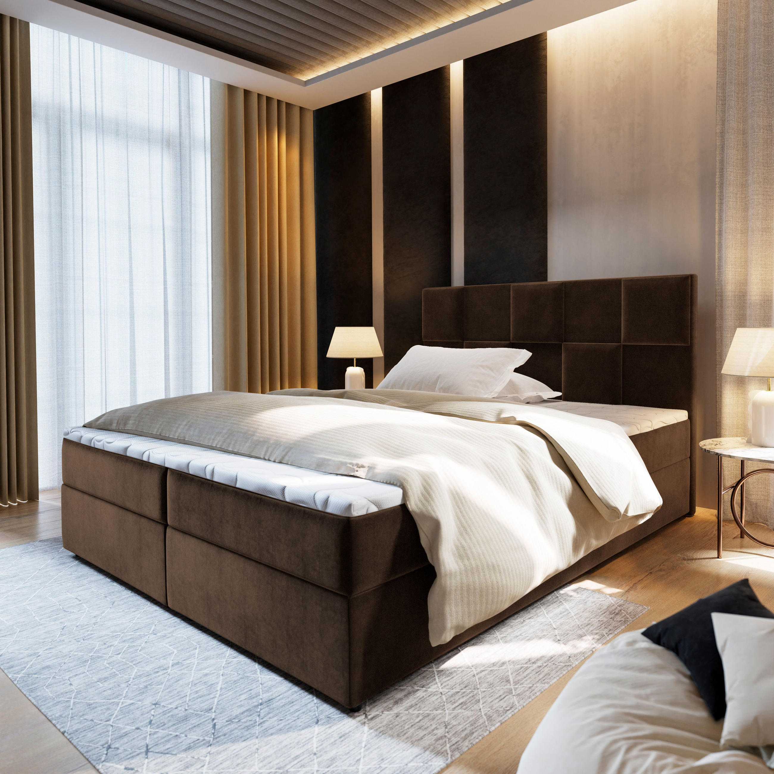 BOXBETT PRATA 160x200 cm mit Matratze und Topper - Braun - Braun, Holz (160/200cm) - MASSENO