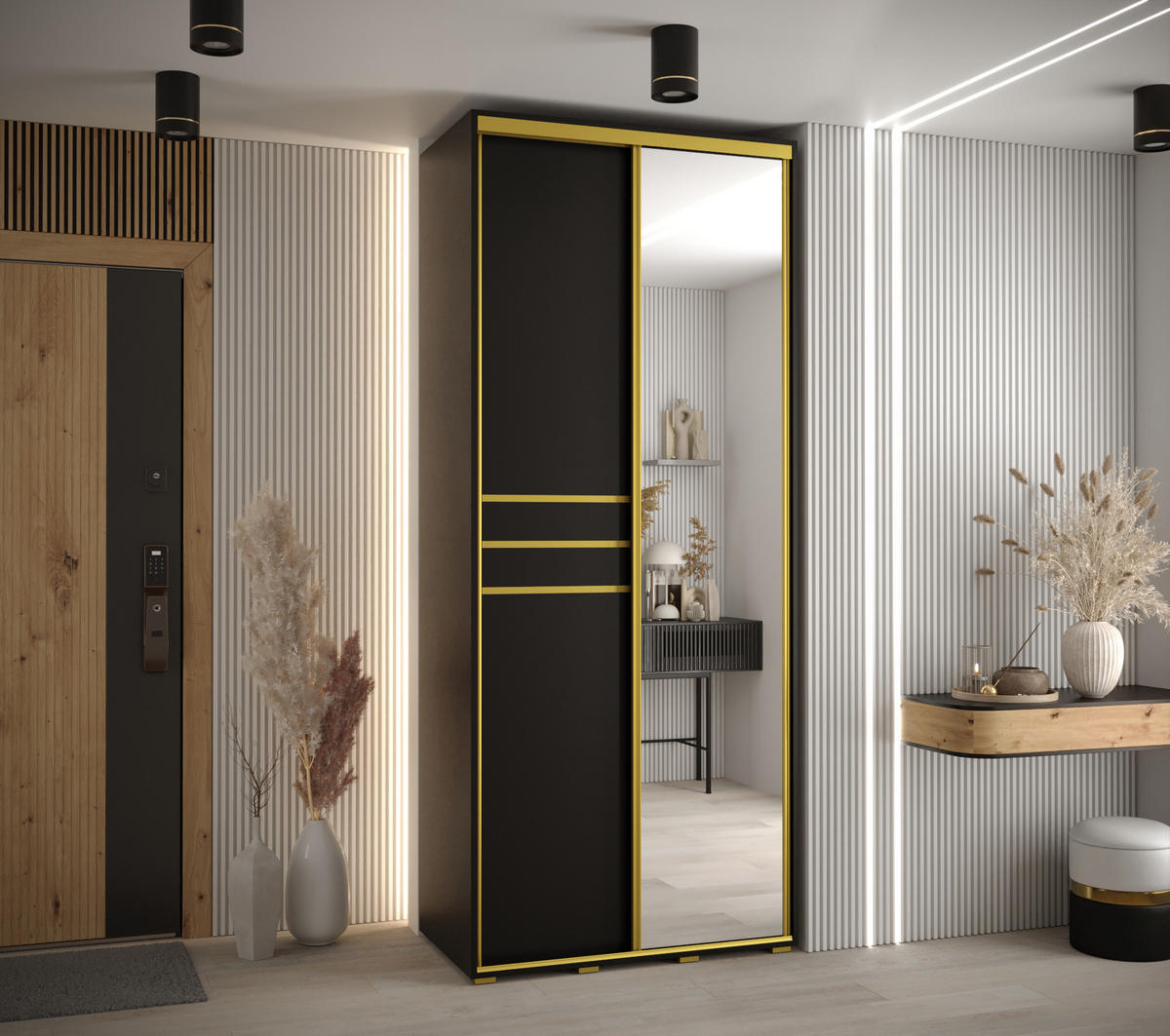 SCHWEBETÜRENSCHRANK 235,2/120/60 2-türig - Goldfarben/Schwarz, Holz/Metall (120/235/60cm) - Abiks Möbel