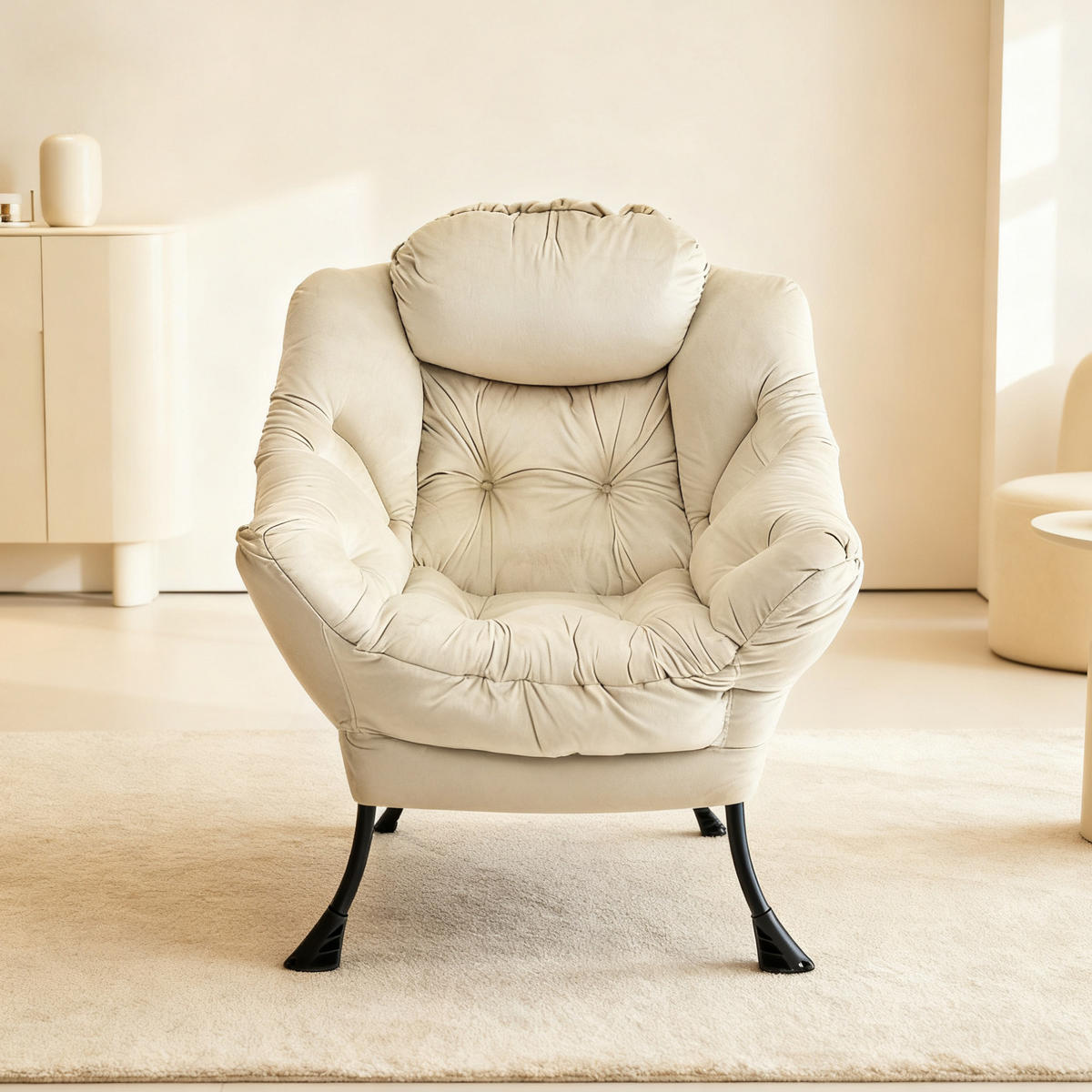 SESSEL mit Hocker in Beige mit Seitentasche und gepolsterten Armlehnen,72/80/93 cm - Beige, Metall (72/93/80cm) - BEAOK