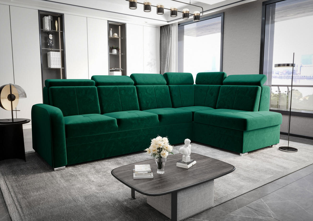 ECKSOFA KONGO RBN11, Eckcouch in L-Form mit Schlaffunktion, Farbe: Grün, Velourstoff, Ottomane Rechts - Grün, Textil (304/180cm) - O-Sofa