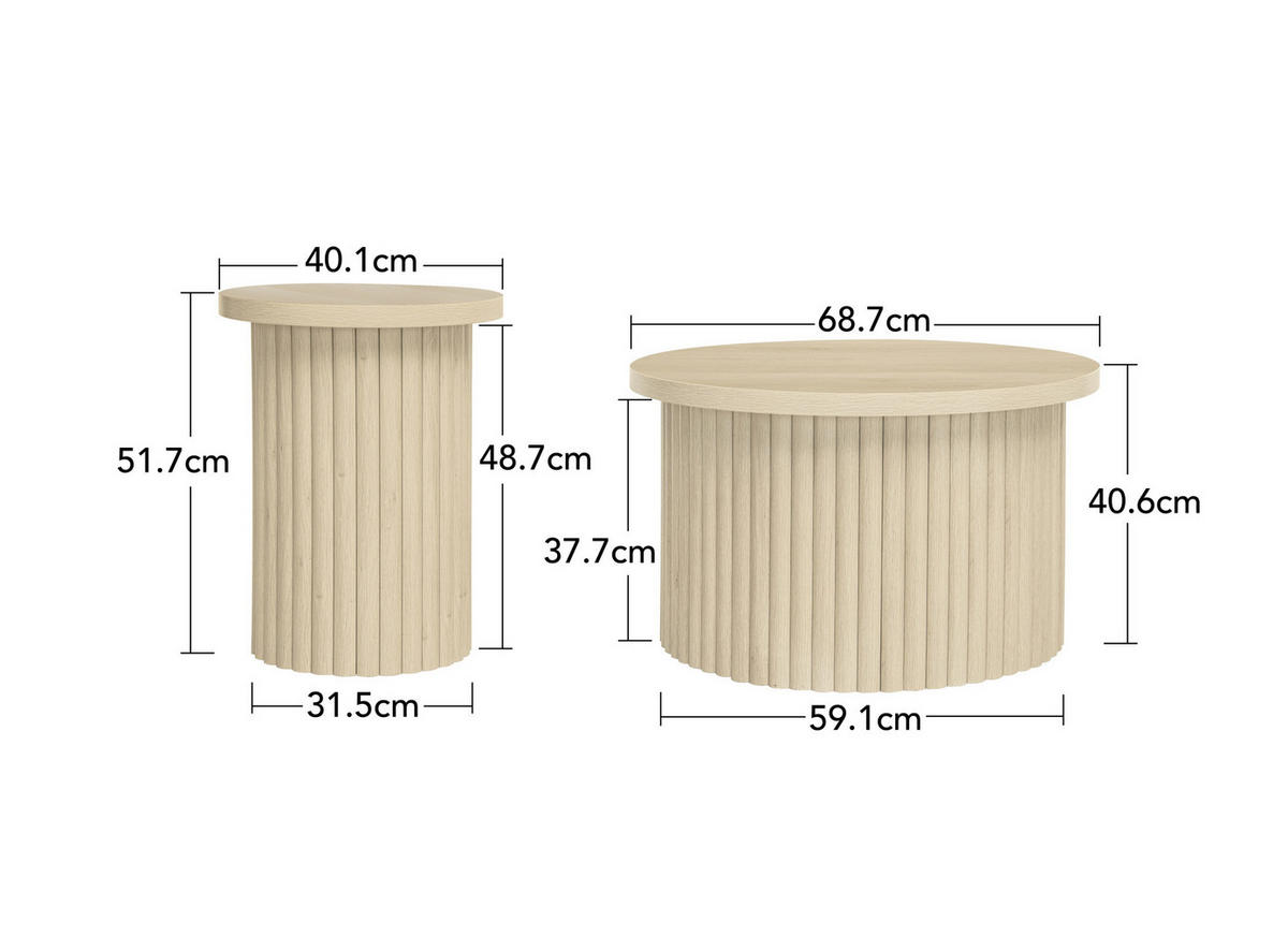 COUCHTISCH Set 2-teilig rund in natürlicher Holzoptik mit Wellenstruktur 68,7 cm und 40,1 cm - Naturfarben, Holzwerkstoff (68.7/68.7/40.6cm) - OKWISH