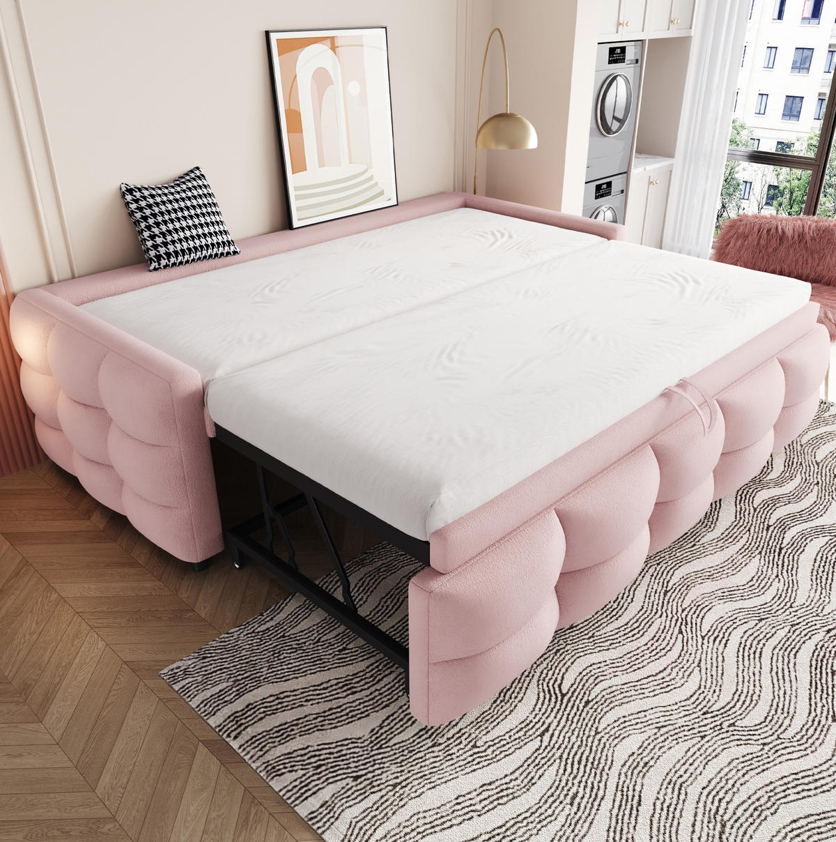 ČALÚNENÁ rozkladacia posteľ z teddy zamatu 90/180x190 cm ružová s lamelovým roštom a multifunkčným využitím - ružová, textil (90/190cm) - Modfu