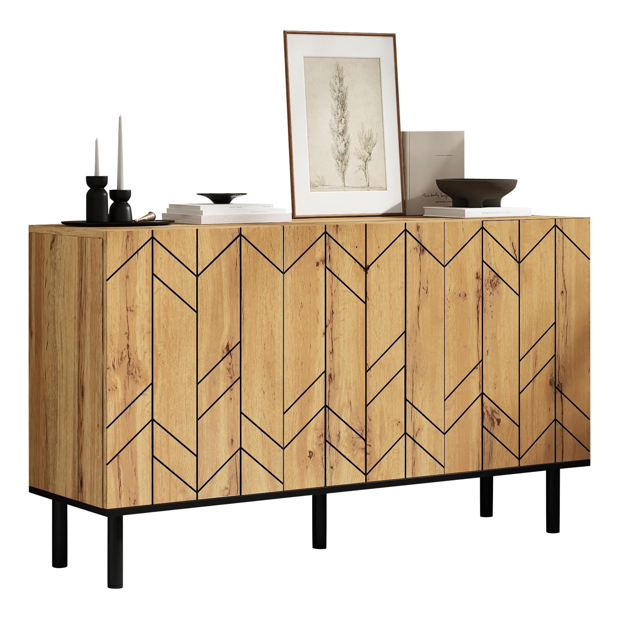 SIDEBOARD 120cm 3 Türen Wellenmuster Naturholz Metallbeine - Naturfarben, Holzwerkstoff (120/70/35cm) - FLIEKS
