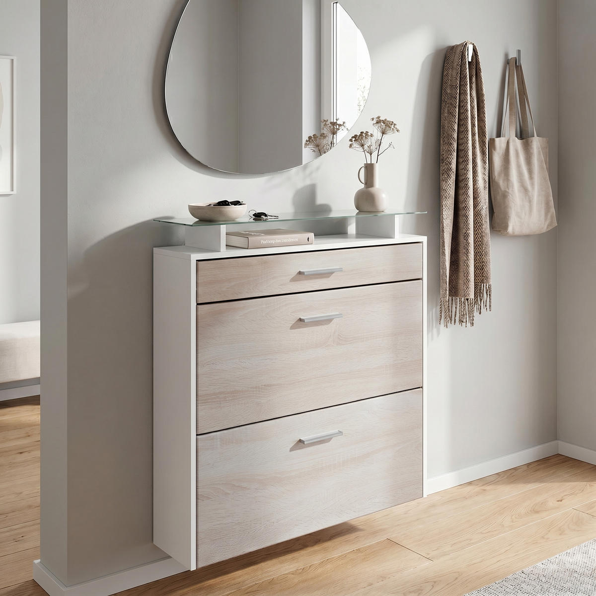 SCHUHSCHRANK Malea Front in Eiche sägerau - Eiche San Remo, Holzwerkstoff (89/96/23cm) - Vladon
