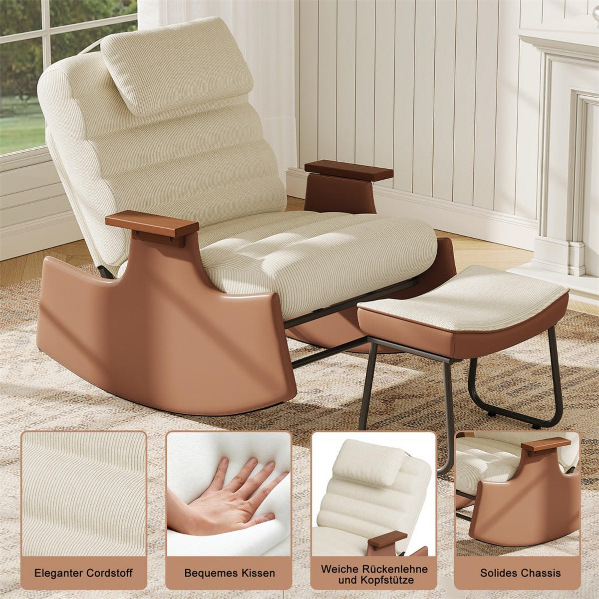 SCHAUKELSTUHL mit Hocker und Kopfkissen - mit 3-stufig verstellbare Rückenlehne und Cord-Bezug - Beige-Braun - Beige, Textil (61.5/81/51.5cm) - DELFA