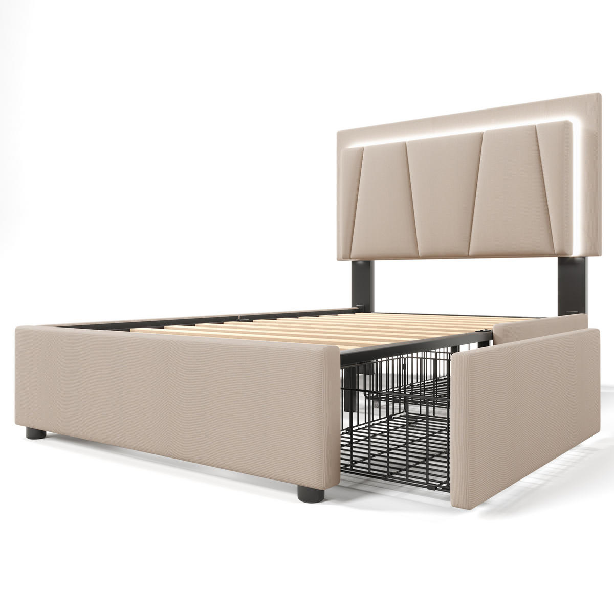 POLSTERBETT mit LED-Beleuchtung 90/200 cm in Beige mit verstellbarem Kopfteil - Beige, Holzwerkstoff (90/200cm) - BEAOK