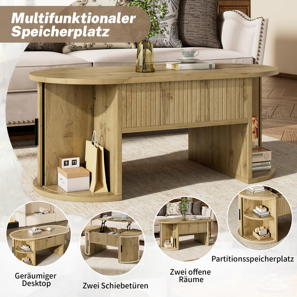 KONFERENČNÍ stolek z MDF 100x40,5x50 cm dubový s výškově nastavitelnou deskou, posuvnými dveřmi a úložným prostorem - barva dubu, kompozitní dřevo (100/50/40.5cm) - Modfu