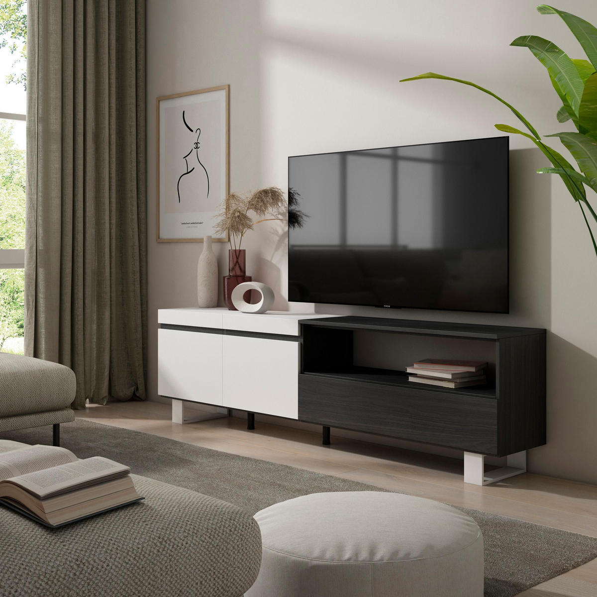 LOWBOARD, weiß, schwarz, 200/35/57cm - Schwarz/Weiß, Holzwerkstoff (200/57/35cm) - Skraut Home