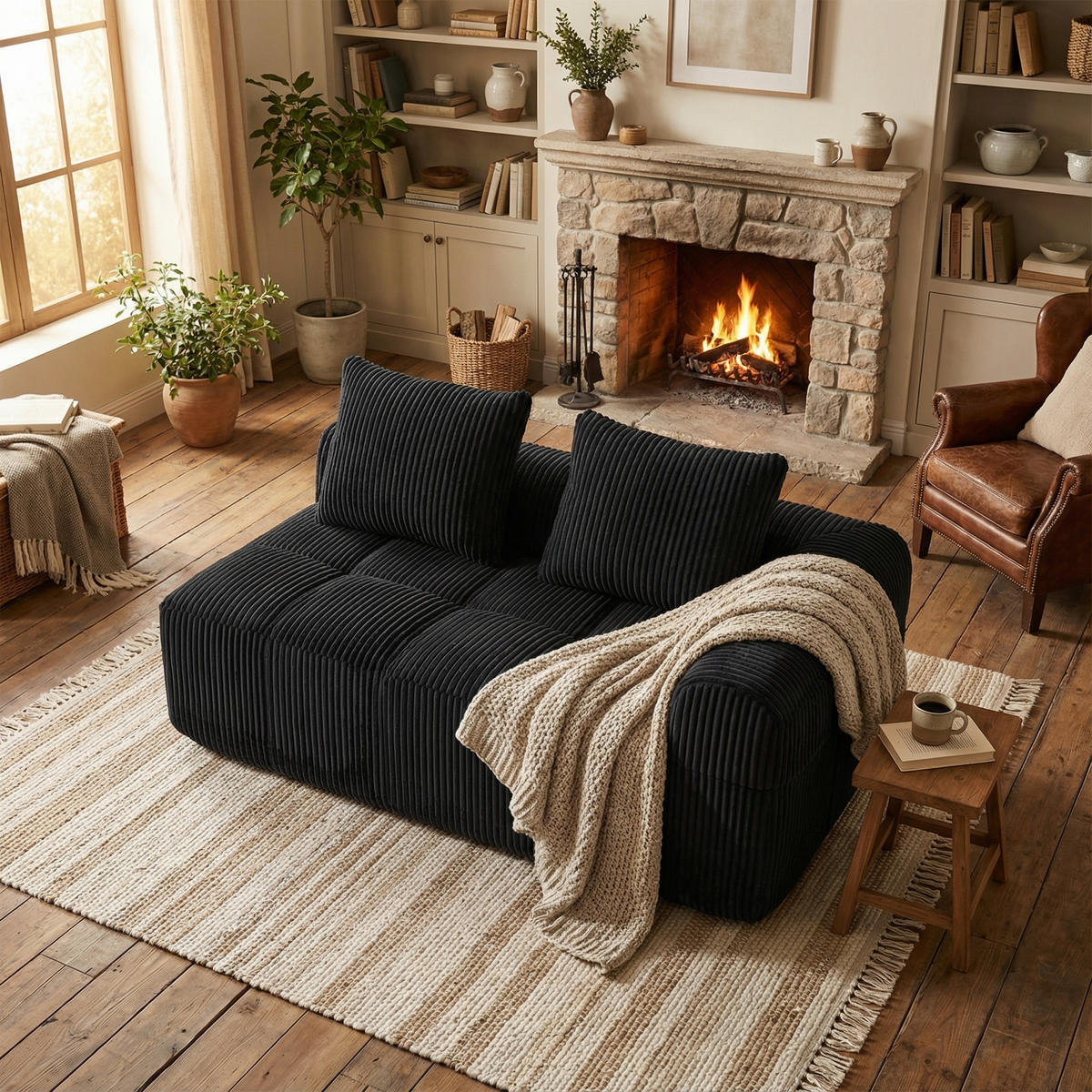 CHAISELONGUE in Cord Übergroßer Relaxsessel mit Seitentaschen - Schwarz, Textil (158/61/93cm) - Urban Meuble