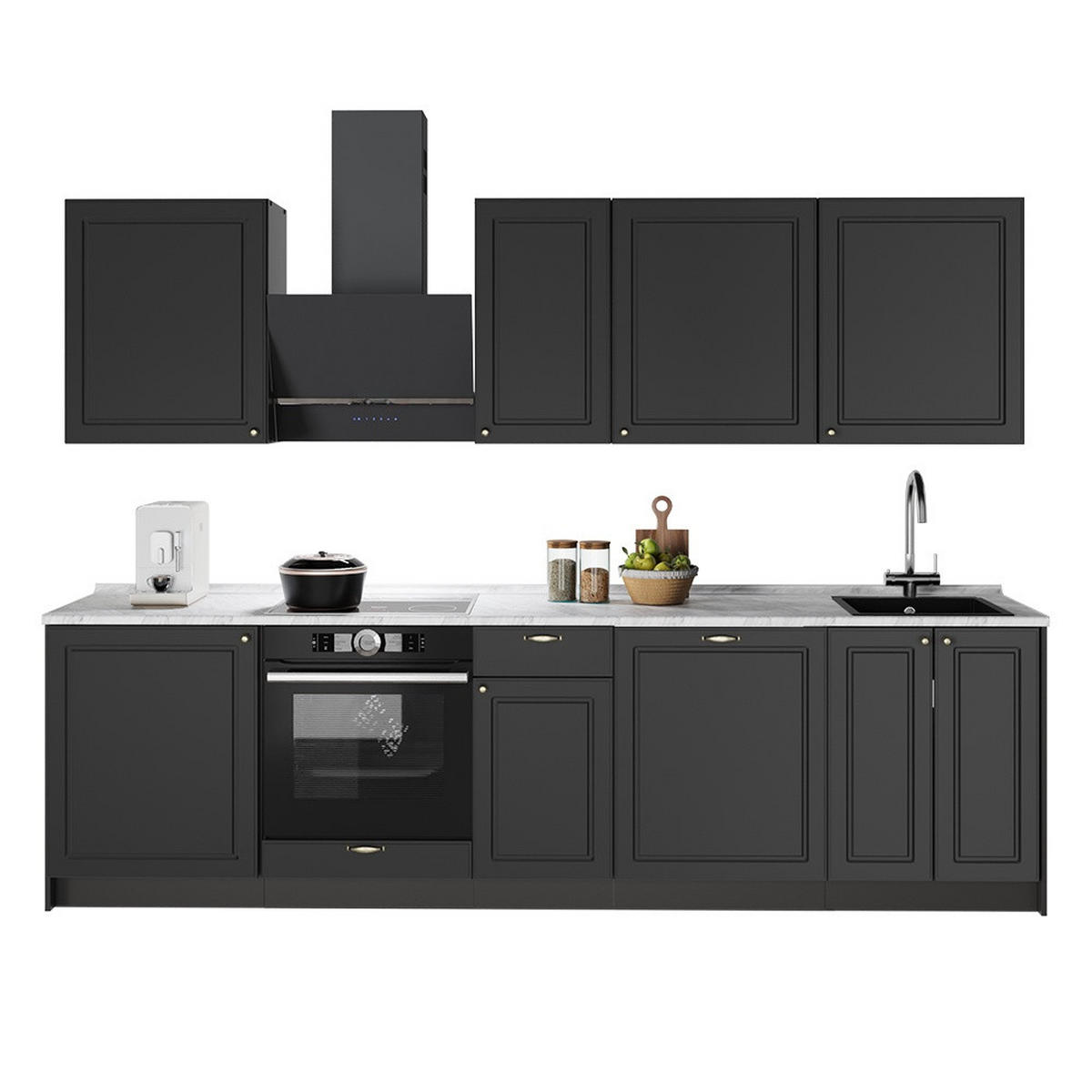 KÜCHENZEILE Fame-Line, Anthrazit-Gold Landhaus/Anthrazit, 280 cm, AP Marmor - Anthrazit, Holzwerkstoff (280/206.8/60cm) - Vicco