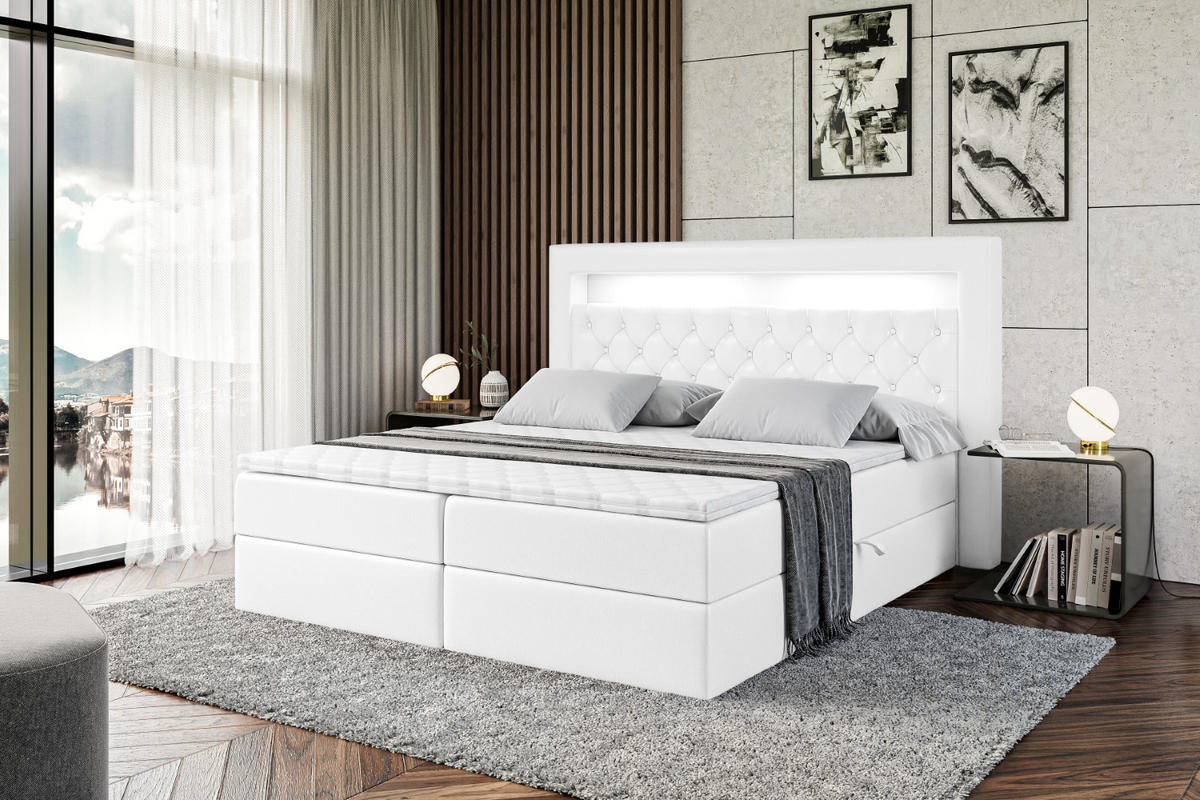 BOXBETT LED mit H3-Matratze und Lattenrost - NOEL GOLD - 180x200 Weiß Hochglanz - Weiß Hochglanz, Holzwerkstoff (180/200cm) - ALTDECOR