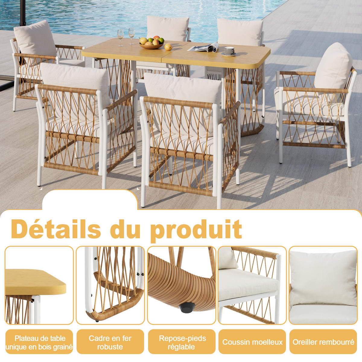 GARTENESSGRUPPE Beige/Braun/Natur 7-teilig für 6 Personen mit Eisengestell und Sitzkissen - Beige, Metall - PANGIVO