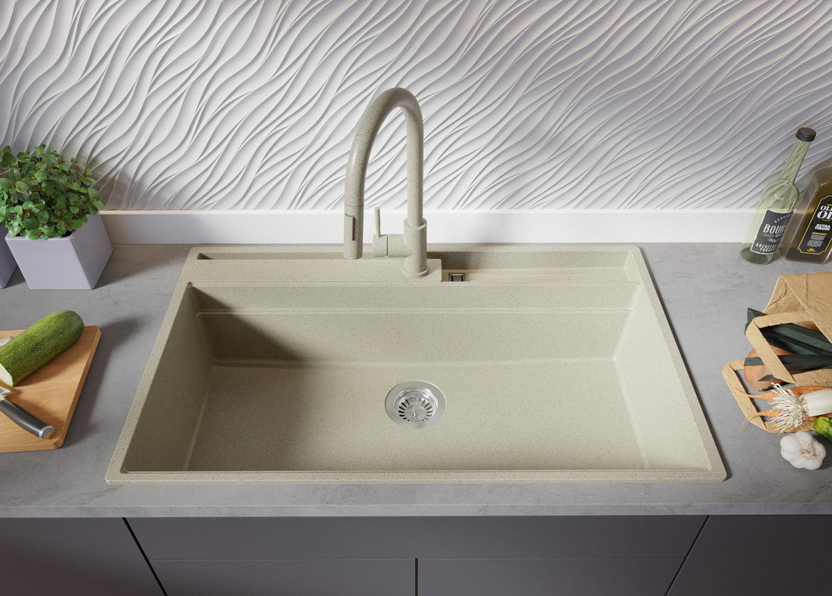 GRANITSPÜLE Oslo Pocket, 2-er set Beige 88/53 cm 1 Becken + Küchenarmatur 40/20 cm + Ablauf-Set + Küchenzubehörset ab 90er Unterschrank - Chromfarben/Beige, Kunststoff (88/20/53cm) - Primagran