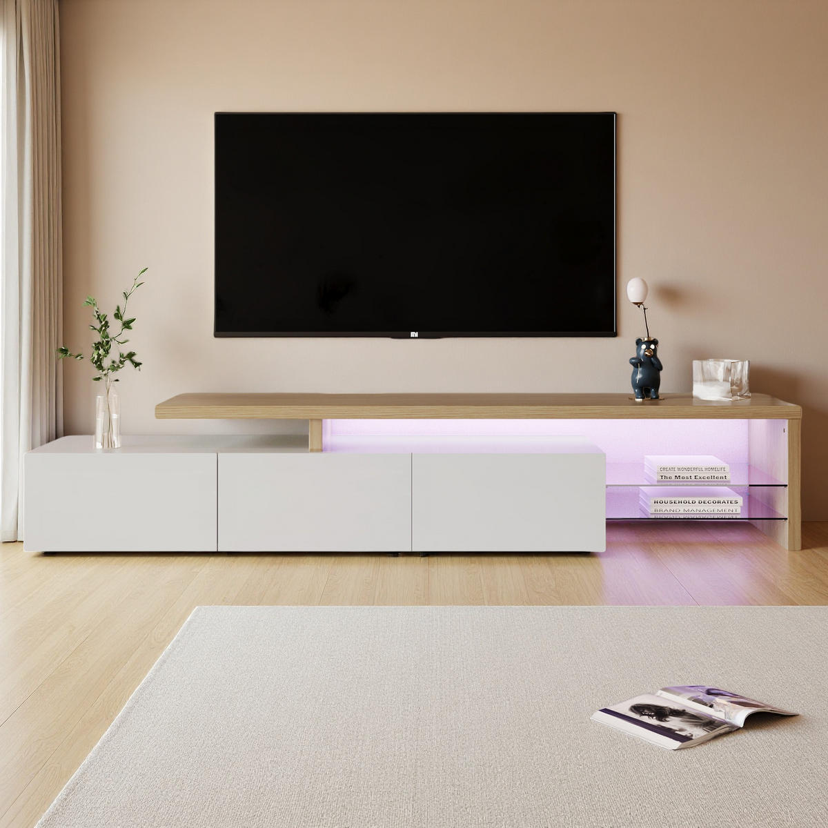 LOWBOARD 200cm Weiß/Holz LED Glas Stauraum - Weiß, Holzwerkstoff (39/42/200cm) - SHOPENTRA