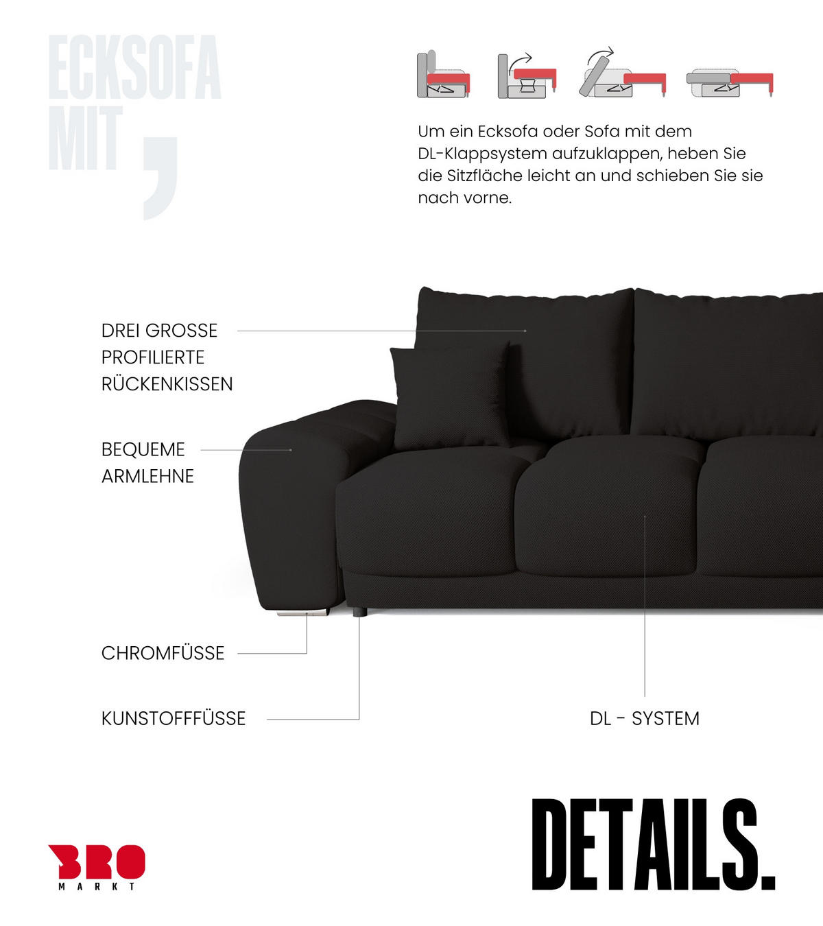 ECKSOFA Nubes mit Schlaffunktion Schwarz - Silberfarben/Schwarz, Kunststoff/Textil (290/180cm) - Bromarkt