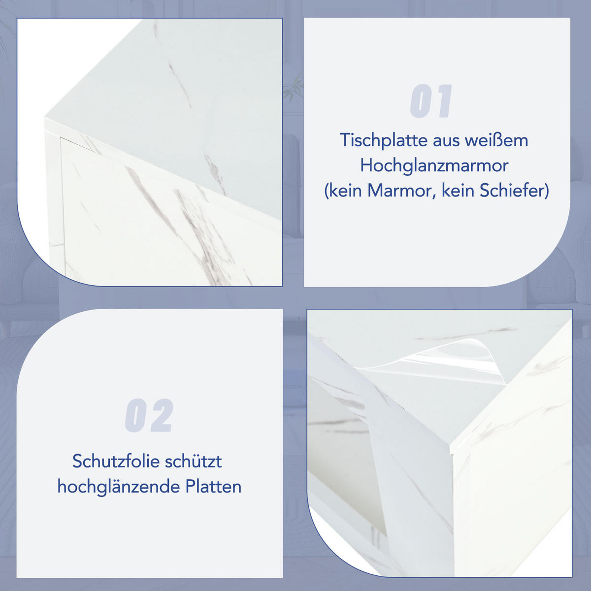 COUCHTISCH LED Hochglanz Fernbedienung Marmor Weiß - Weiß, Holzwerkstoff (100/50/50cm) - FLIEKS