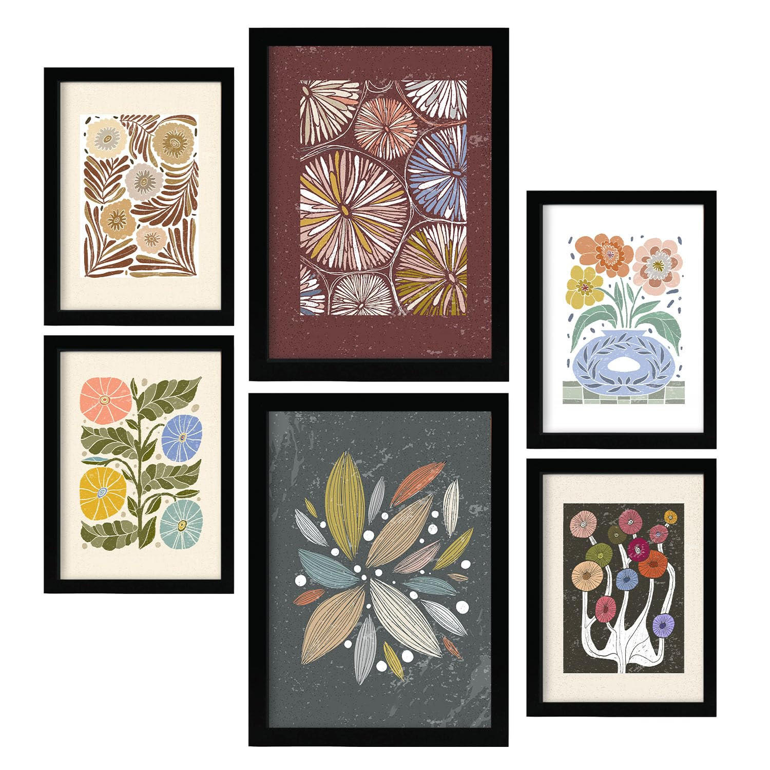 POSTER Set Mit 6 Drucken Von Blumen Im Ethnischen Drucke Sammlung Ästhetische Dekorative Rahmen Für Zuhause Wandkunstdruck A3 & A4 Schwarzer Rahmen - Schwarz, Papier (29/3cm) - Nacnic