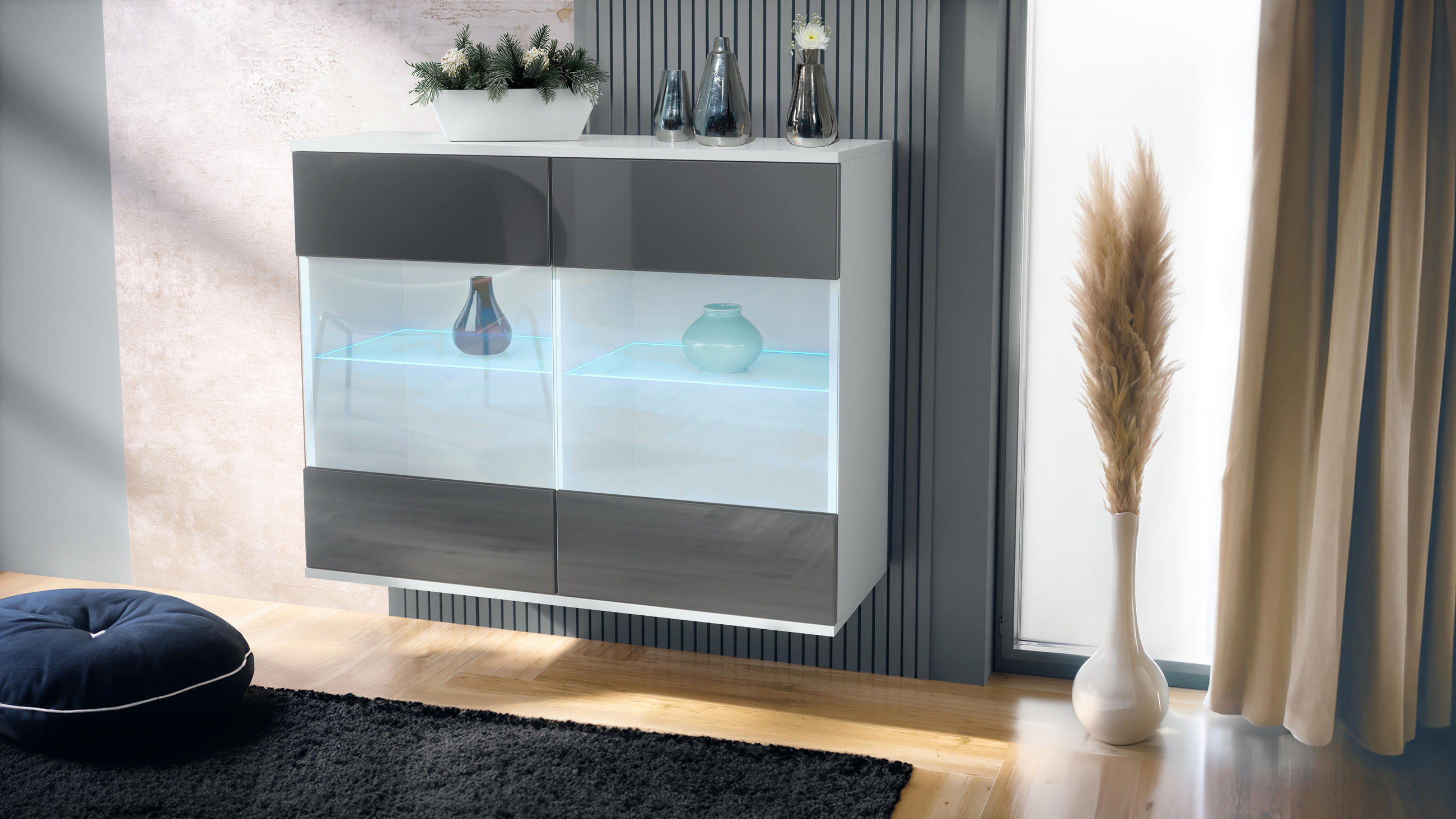 KOMMODE Bari Grau Hochglanz - Grau, Holzwerkstoff (92.5/73.5/35cm) - Vladon